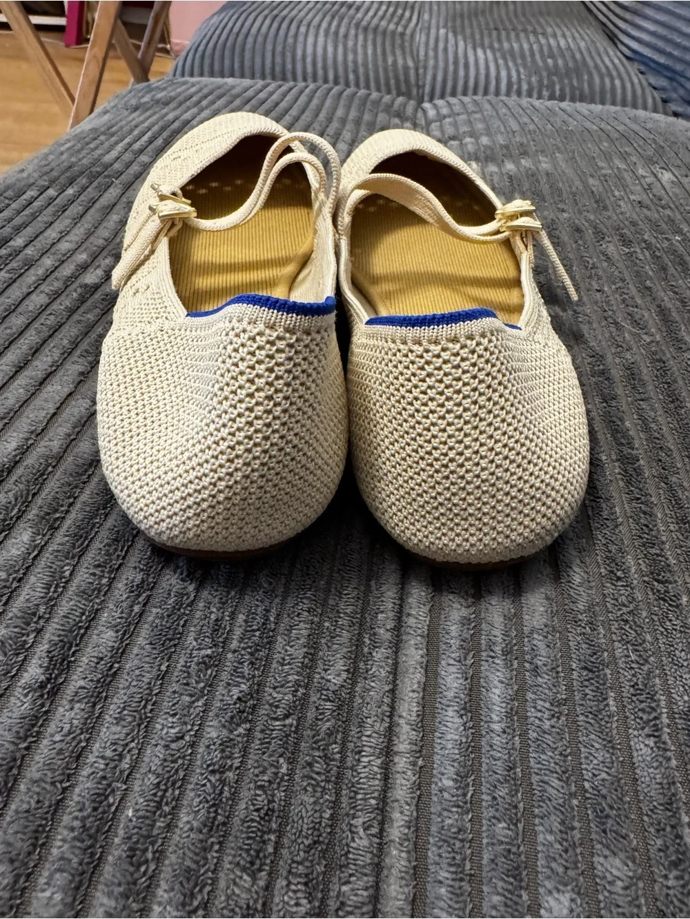 Rothy's Cream Knit Double-Strap Ballet Flats with Gold Buckles